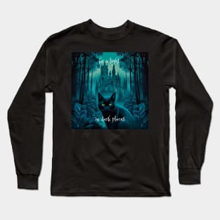 Black cat in front of Gothic cathederal with the quote "be a light in dark places". Long Sleeve T-Shirt